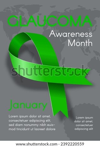 Vertical banner for Glaucoma Awareness Month with a green ribbon and world map. Modern flat vector illustration