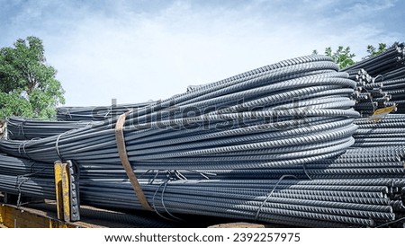 texture of steel deformed or bars background Deformed steel bars for reinforced concrete, metal texture close up Reinforcement steel rod and deformed bar with rebar at construction site. Royalty-Free Stock Photo #2392257975