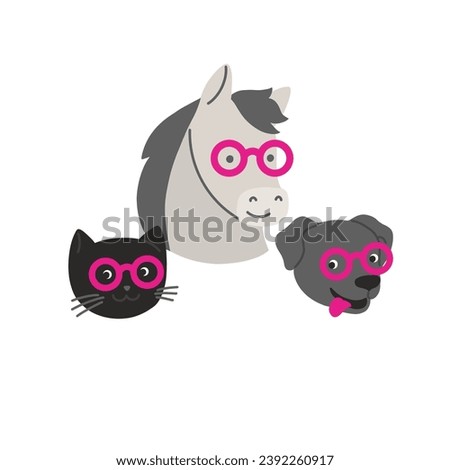 Cat, dog and horse in round glasses, vector hand drawn illustrations of pet's portraits