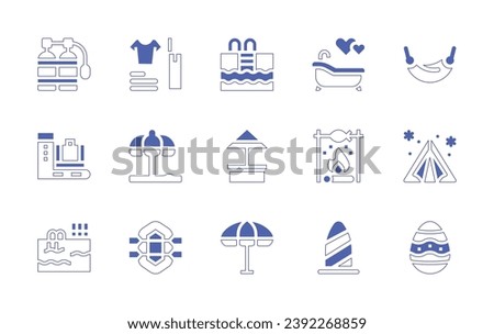 Holiday icon set. Duotone style line stroke and bold. Vector illustration. Containing swimming pool, beach, sun umbrella, oxygen, scan, pool, bath, bonfire, surfboard, hammock, tent, easter egg, pack.