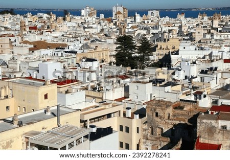 Panoramic view of part of the city of Cadiz (Andalusia region, southern Spain) with snow-white houses and the blue waters of the Atlantic Ocean in the background