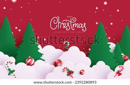 Christmas paper cut vector design. Merry Christmas and happy new year text with pine tree and clouds paper cut ornaments in greeting card background. Vector illustration xmas holiday season invitation