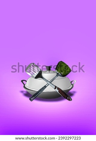 picture of cooking utensils and illustration of a gray pan with a patterned purple background