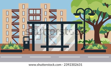 Illustration of a bus stop on a summer street of a cozy city against the background of a house and trees, illustration in a flat style. Royalty-Free Stock Photo #2392302631