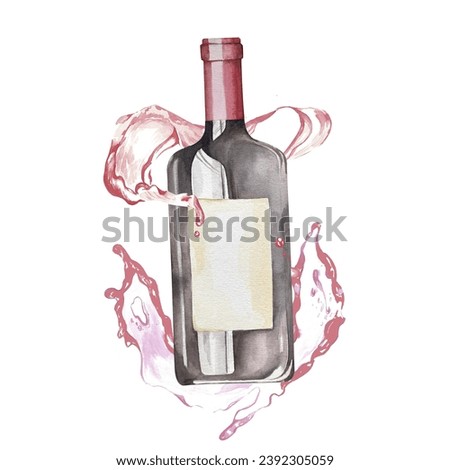 A bottle of wine. Isolated on white background. Hand drawn watercolor illustration.
