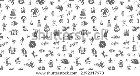 fairy tale story characters seamless vector background, black graphic silhouettes composition , book cover illustration
