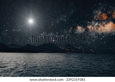 a star shines in the night sky over the sea on the holiday of Christmas
