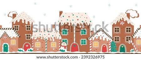 Gingerbread houses christmas border. Horizontal vector illustration for winter holidays. Gingerbread house day Royalty-Free Stock Photo #2392326975