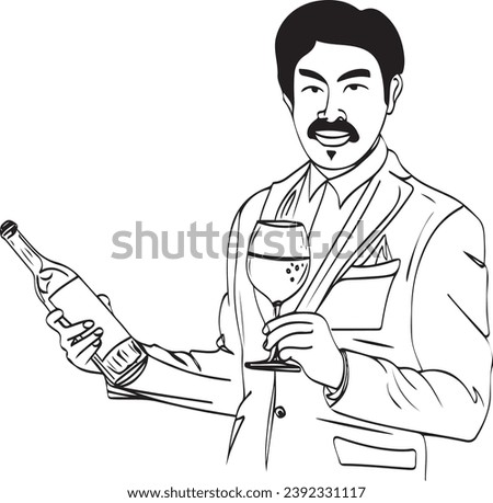 Cartoon Clip Art: Graceful Hotel Waiter with Wine Bottle and Glass in Detailed Sketch, Waiter Holding Wine Vector: Sketch Drawing of Hotel Server with Wine Service