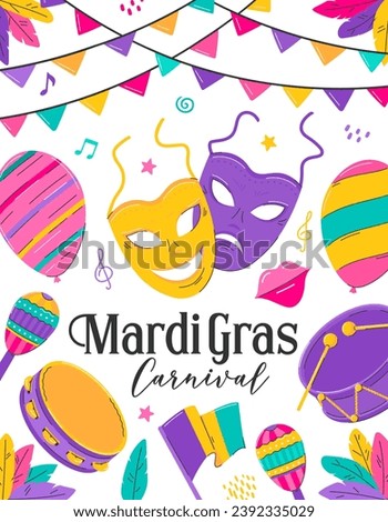 Mardi Gras carnival poster template. Invitation for masquerade party. Comedy and tragedy masks, tambourine, flags, balloon. Flat vector illustration on white background. Clipping mask