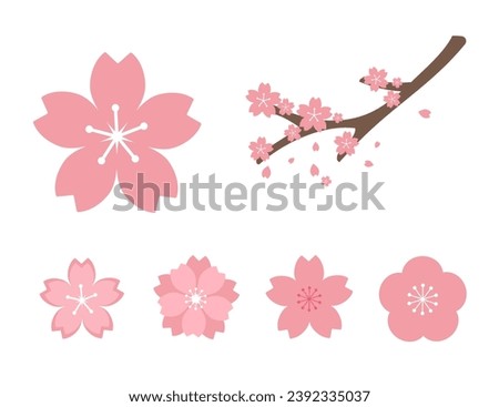 Pink cherry blossom illustration set. elements of Japan, plants, spring, cute, etc