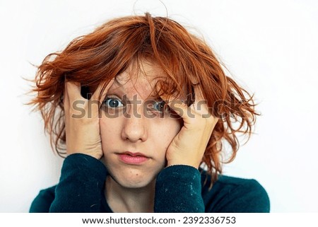 beautiful anime girl with red hair wearing glasses on a light background