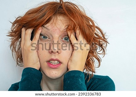 beautiful anime girl with red hair wearing glasses on a light background