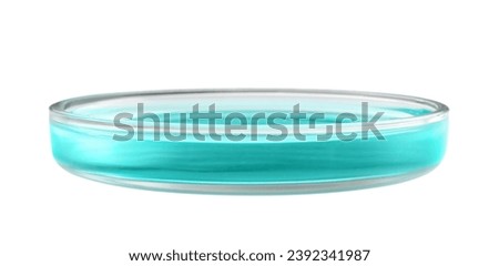 Petri dish with turquoise liquid isolated on white
