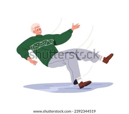 Person slipping, falling down. Old man falls, sliding on slippery wet floor. Clumsy senior elderly person in accident risk, injury danger. Flat vector illustration isolated on white background Royalty-Free Stock Photo #2392344519