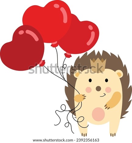 Hedgehog with a crown holding heart balloons
