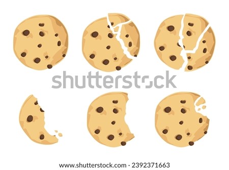 Traditional cookies with chocolate crisps. Bitten, broken, cookie crumbs. Freshly baked choco cookie icon set. Vector