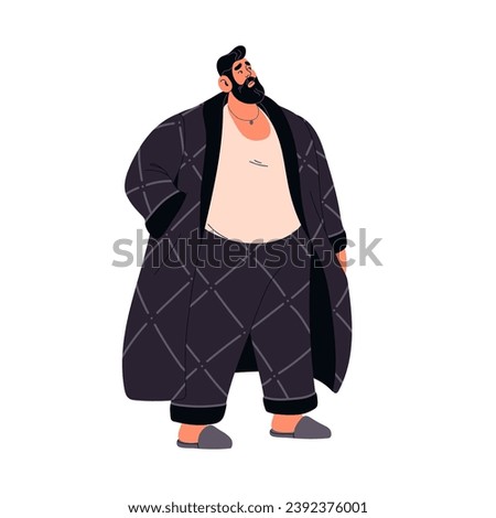 Bearded fat man in home bathrobe. Plus size heavy male character with overweight problem. Chubby, chunky person with confused expression. Body positivity. Flat isolated vector illustration on white