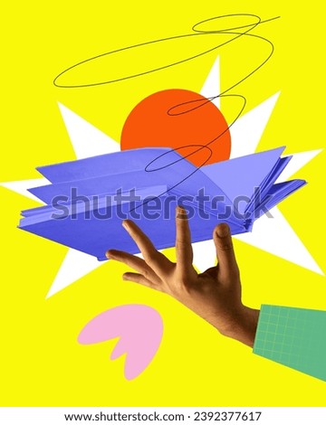 Human hand holding open book as symbol of endless knowledge resource over yellow background. Contemporary art collage. Concept of international day of education, knowledge. Colorful design Royalty-Free Stock Photo #2392377617