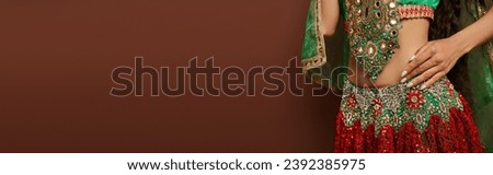 cropped view of belly of young indian woman in traditional costume on brown background, banner