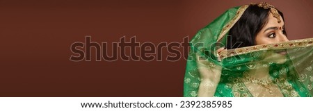 beautiful indian woman with long hair and bindi dot covering her face with green veil, banner