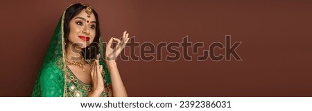 beautiful indian woman in national costume with bindi and green veil gesturing lively, banner