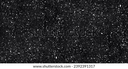 Silver terrazzo texture. Vector seamless pattern with chaotic scattered shiny confetti on black background. Terazzo flooring background. Luxury mosaic floor surface. Holiday festive design concept