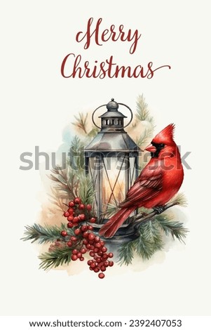 Christmas greeting card design. Watercolour winter red bird with lantern and pine branches