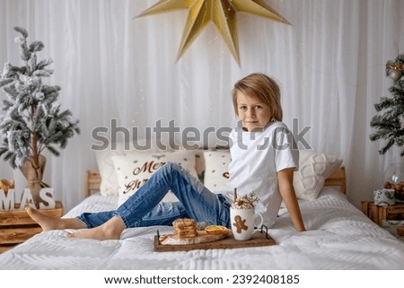 Preteen child, cute kid in studio for Christmas, xmas pictures with decorated cozy home, siblings