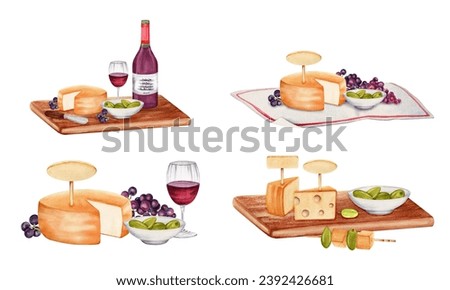 Cheese, bowl of green olives, food skewers, red wine and grapes on wooden board. Watercolor illustration isolated on white background. Empty mock up name tags. Cheese tasting design elements.