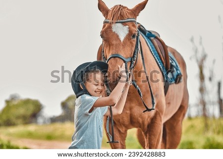 Kid, horse and smile in nature with love, adventure and care with animal, bonding together and relax on farm. Ranch, kid and pet with childhood, freedom or countryside with happiness, stallion or joy Royalty-Free Stock Photo #2392428883