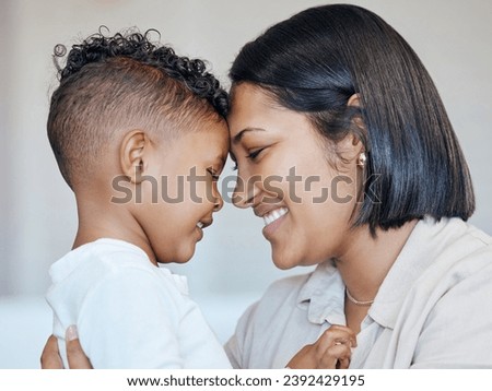 Kid, forehead touch and happy family mom, mama or woman care, support and young boy in Mexico vacation home. Youth son, face profile and Mothers Day bond, smile or Mexican parent connect with child Royalty-Free Stock Photo #2392429195
