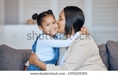 Portrait, kiss and happy child hug mom, parent or mama care, support and happiness for young girl, youth or daughter. Living room couch, home affection and Mothers Day bonding, love and embrace kid