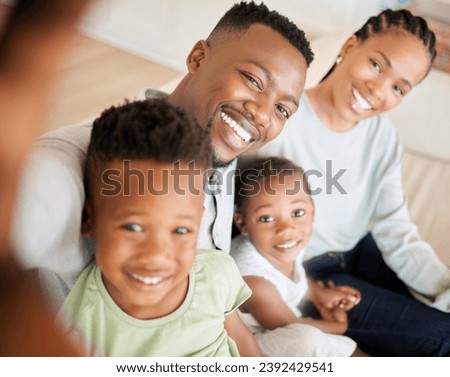 Selfie, happy family and children with smile in home for profile picture, social media and post. Parents, brother and sister with excitement with memory, bonding and together on sofa in living room