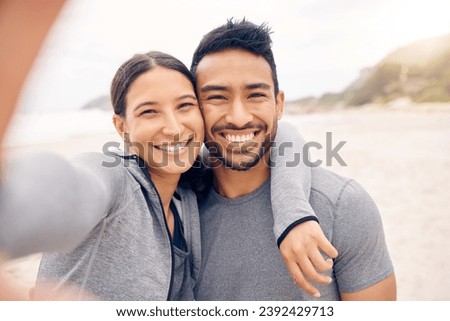 Happy couple, beach and selfie in fitness for photography, memory or outdoor workout together. Portrait of man and woman smile in photograph, picture or social media vlog on ocean coast for exercise
