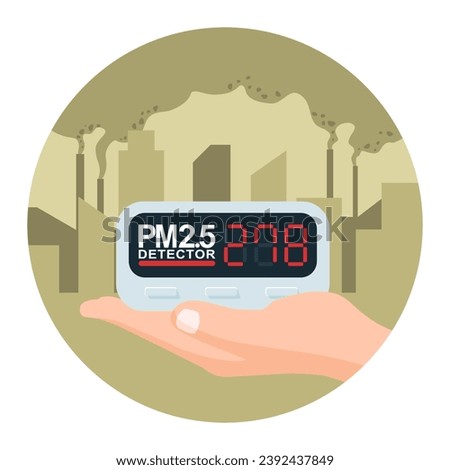 Unhealthy PM 2.5 Air pollution quality monitor device on big city background. Vector illustration cartoon flat design. Royalty-Free Stock Photo #2392437849