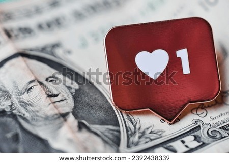 Like heart symbol on dollar. Like sign button, symbol with heart and one digit. Buy followers for social media network marketing. Cheap price concept. Royalty-Free Stock Photo #2392438339