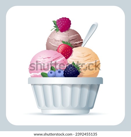 Ice cream. Vector illustration. Three scoops of ice cream with raspberry, strawberry, blueberries and blackberry.