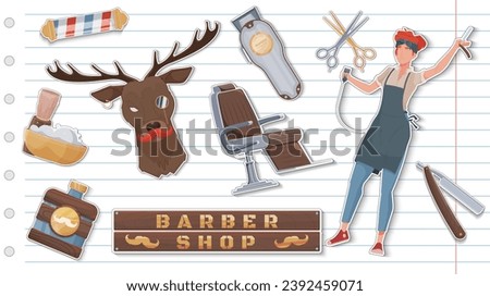 Hand drawn vintage barbershop elements with stickers collection
