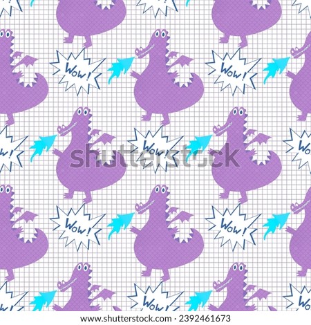 Cartoon dinosaur seamless Christmas dragon pattern for wrapping paper and fabrics and linens and kids clothes print and birthday packaging and festive accessories 