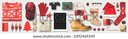 Christmas shopping list. Christmas theme red apperal, ornament, gift box flat lay on white backgrouind. 