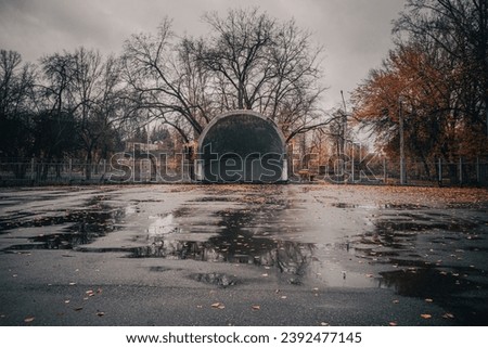 Abandoned bridge in the park in autumn. Toned