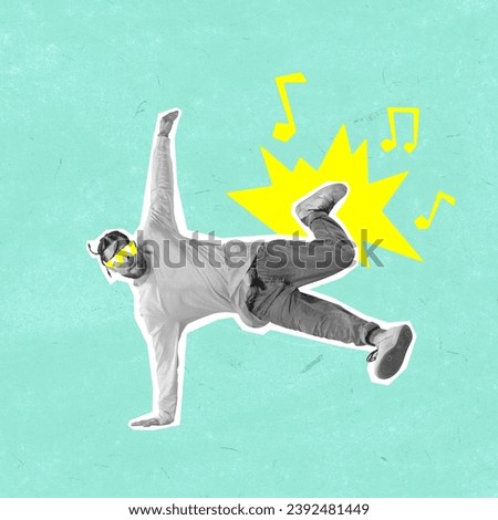 Young man, hip hop, street style dancer in motion over green background. Energy and freedom. Contemporary art collage. Concept of party, dance, hobby, movements, fashion, creativity Royalty-Free Stock Photo #2392481449
