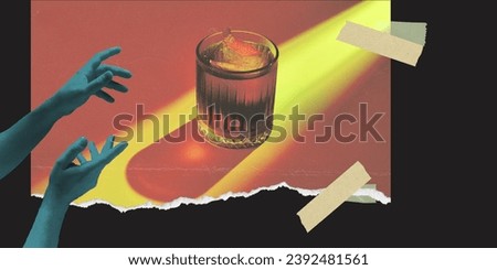 Negron cocktail. Human hands over glass with delicious strong drink, alcohol drink over abstract background. Creative colorful design. Concept of alcohol, creativity, imagination, party, celebration.