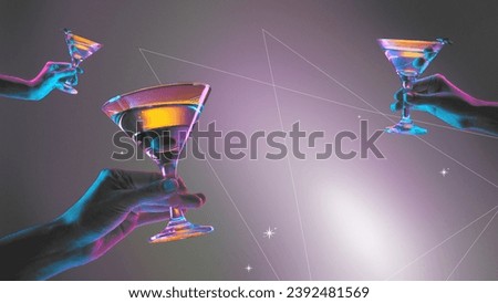 Human hands holding martini over abstract space background. Night club arty, celebration. Creative colorful design. Concept of alcohol drink, creativity, imagination, party, celebration.