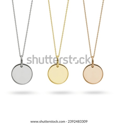 Round Disc Gold Pendant Necklaces on Chains with White Yellow and Rose Gold Isolated on White Background