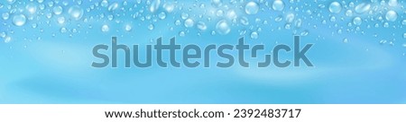 Realistic water drops or dew background with blank space for text. Template of soft blue empty panoramic banner with condensation texture or rain droplets. Aqua fresh header with 3d water bubble frame Royalty-Free Stock Photo #2392483717