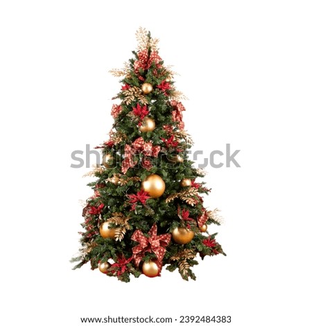christmas tree in white background ,christmas tree decorated with light start red and golden ball in a red paint concrete wall for a merry chirstmas day. Royalty-Free Stock Photo #2392484383