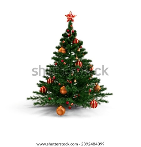 christmas tree in white background ,christmas tree decorated with light start red and golden ball in a red paint concrete wall for a merry chirstmas day. Royalty-Free Stock Photo #2392484399