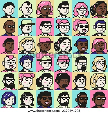 Pixel art portrait userpic icons. 8 bit people faces, young pixelated people avatars and retro game characters vector illustration set of character icon cartoon